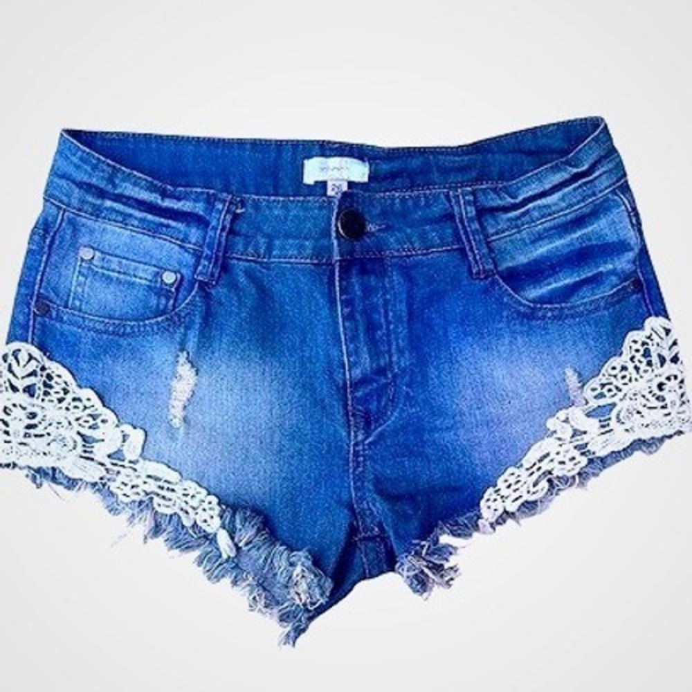 Ontwelfth Crochet Lace Trim Denim Shorts, Distressed Cut-Offs, Size 26